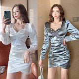 Women Maxi Dress Spring and Autumn Sexy V-neck Puff Sleeve Dress