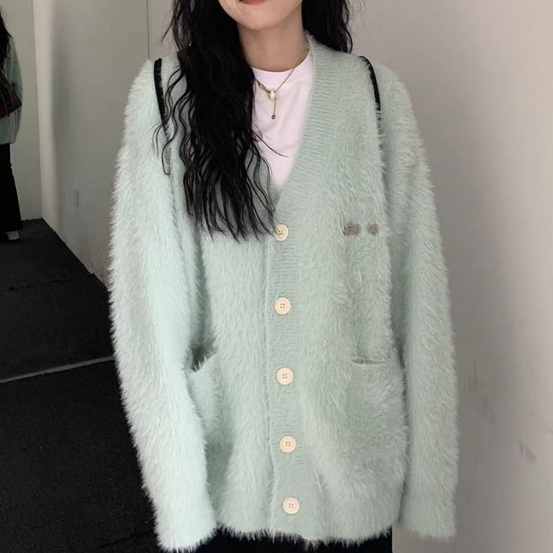 Women Knitted Cardigan Fall V-neck Loose Knitted Cardigan