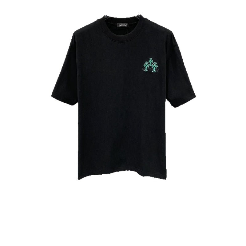 Ch hip-hop t-shirts: american streetwear ch cropped sleeve tee with sanskrit print, cross embroidery, relaxed fit, pure cotton, high street style, versatile