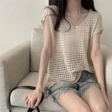 Women Knitwear Summer Hollow out V-neck Sleeveless Knitwear