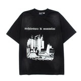 Hip-hop t-shirts - american high street hip-hop streetwear vintage architecture print washed distressed loose fit short sleeve tee