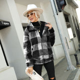 Women Trench Coat Women's Autumn and Winter Clothing Long Sleeve Stand Collar Plaid Printed Long Zipper Double-Sided Plush Coat