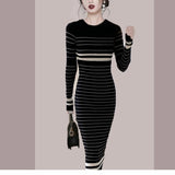 Women Maxi Dress Autumn and Winter round Neck Vintage Sexy Tight Hip Knitwear Dress
