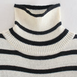 Women Sweater Knitwear Autumn Loose Black and White Striped Top Turtleneck Base Knitwear Sweater