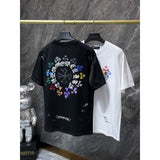 Ch hip-hop t shirts high version ch horseshoe color sanskrit cross washed and worn loosecasualpure cotton american heavy weight