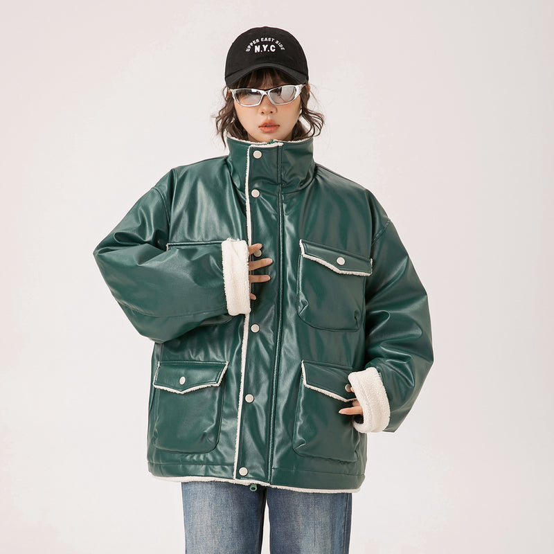 Unisex Coat Winter Pu Multi-Pocket Cotton-Padded Jacket