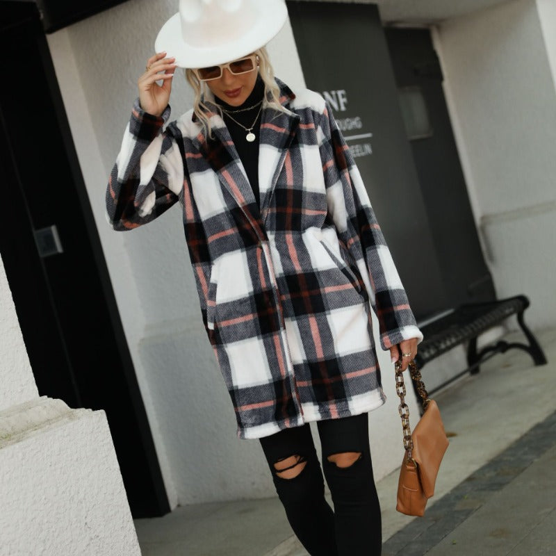 Women Trench Coat Long Sleeve Suit Collar Button Cardigan Warm Sable Fur Plaid Wool Coat