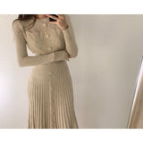 Women Maxi Dress Autumn Single-Breasted Mid-Length Knitted Long-Sleeved Dress