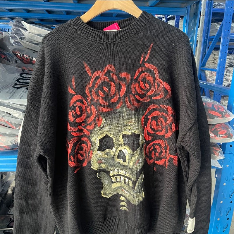 Saint m t sweater s.m rose skull handpainted pullover crewneck sweater wholesale
