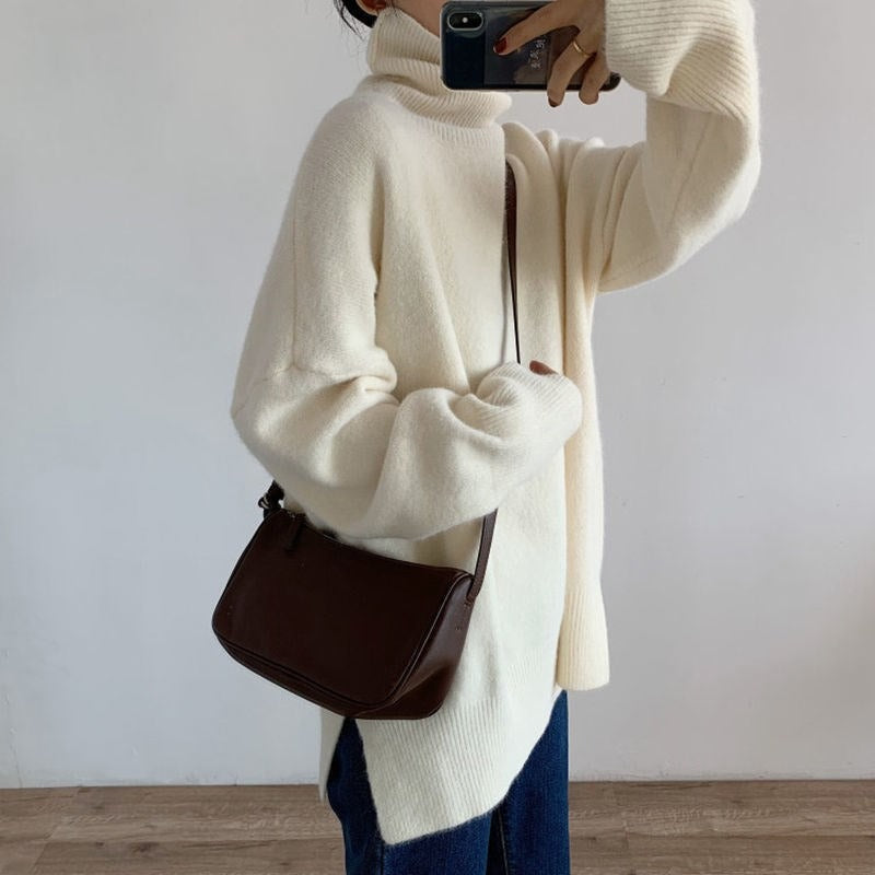 Women Knitted Pullover Red Sweater Turtleneck Coat Loose Sweater