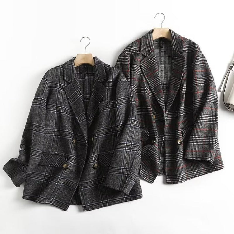 Women Suits Autumn and Winter Long Sleeve Commuter Plaid Suit Double Breasted Woolen Coat