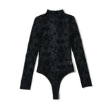 Women Tops Summer Flocking Mesh Stand Collar Jumpsuit Sexy Top