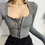 Women Sweater Knitwear Vintage Sexy Low Square Collar Long Sleeve Top Skinny Knit Cardigan Coat