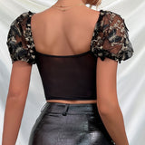 Women Party Tops Halter Perspective Butterfly Embroidered Suspender Mesh Vest