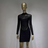 Women Dresses Bandage Dress Mesh Long Sleeve Turtleneck Tight Dress (Ont0408)