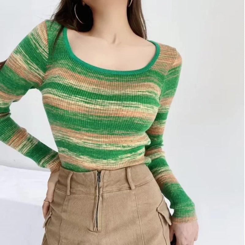 Women Sweater Knitwear Autumn Sexy Square Collar Striped Knitted T-shirt Long Sleeve Sweater