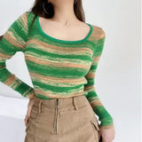 Women Sweater Knitwear Autumn Sexy Square Collar Striped Knitted T-shirt Long Sleeve Sweater