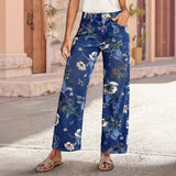 Women's vintage denim pants - cross-border, random print, loose wide-leg, spring/summer floral pattern, straight-leg, high-waisted jeans