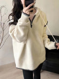 Women Knitted Pullover Loose Hooded Half Zipper Knitwear Autumn and Winter Sweater