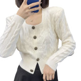 Women Knitted Cardigan Square Collar Spring and Autumn Sweater Loose Knitted Cardigan