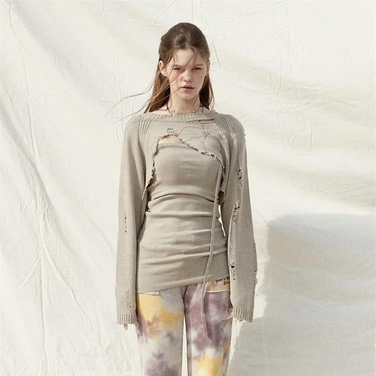 Women Sweater Knitwear Knitting Suit Sexy Sling Dress Ripped Sweater Two-Piece Set