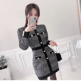 Women Maxi Dress Autumn Winter Retro Houndstooth Long Sleeve Knitted Dress Hip Skirt