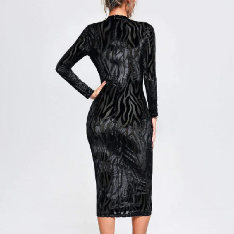 Women Evening Dress Mesh Sexy Transparent Dress round Neck Long Sleeve