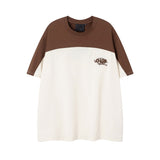 Hip-hop t-shirts: american-style short-sleeve, letter-embroidered, color-blocked, loose-fit, crew neck tee