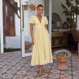 Women Dresses V-neck Long Puff Sleeve Dress (Jkw0408)