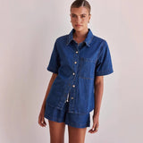 Women's european and american style summer cross-border trade washed vintage solid color short sleeve shirt and shorts denim set