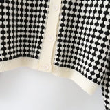 Women Sweater Knitwear Autumn Checkered Loose V-neck Knitted Cardigan Short Sweater