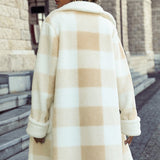 Women Trench Coat Fall Winter Coat Plaid Printed Suit Collar Single Breasted Plush Long-Cut Coat