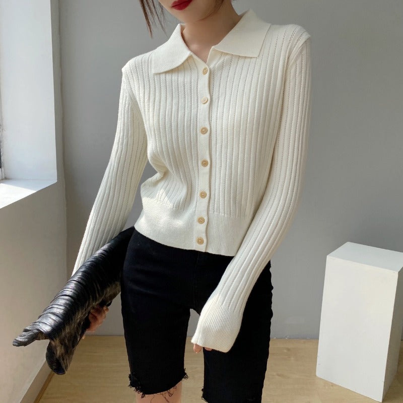 Women's Cardigan Sweater Knitted Polo Shirt Women's Long Sleeve Cardigan Top 8t8098