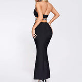 Women Evening Dress Hollow-out Midriff Backless Black Dress Bandage Gown