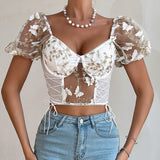 Women Party Tops Halter Perspective Butterfly Embroidered Suspender Mesh Vest