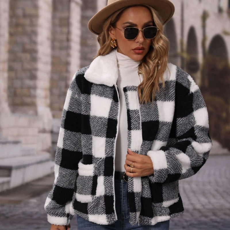 Women Trench Coat Lapel Long Sleeve Loose Zip Plaid Double-Sided Velvet Casual Jacket