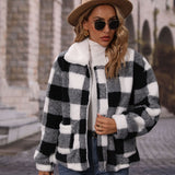 Women Trench Coat Lapel Long Sleeve Loose Zip Plaid Double-Sided Velvet Casual Jacket