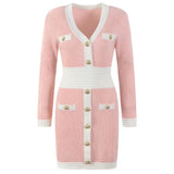 Women Maxi Dress Autumn and Winter V-neck Knitted Long-Sleeved Dress Woolen Skirt