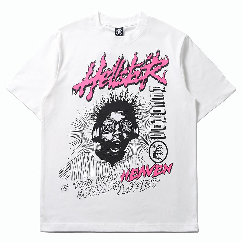 Hip-hop t-shirts: trendy american flame boy portrait print short-sleeve couple's fashion loose-fit tee