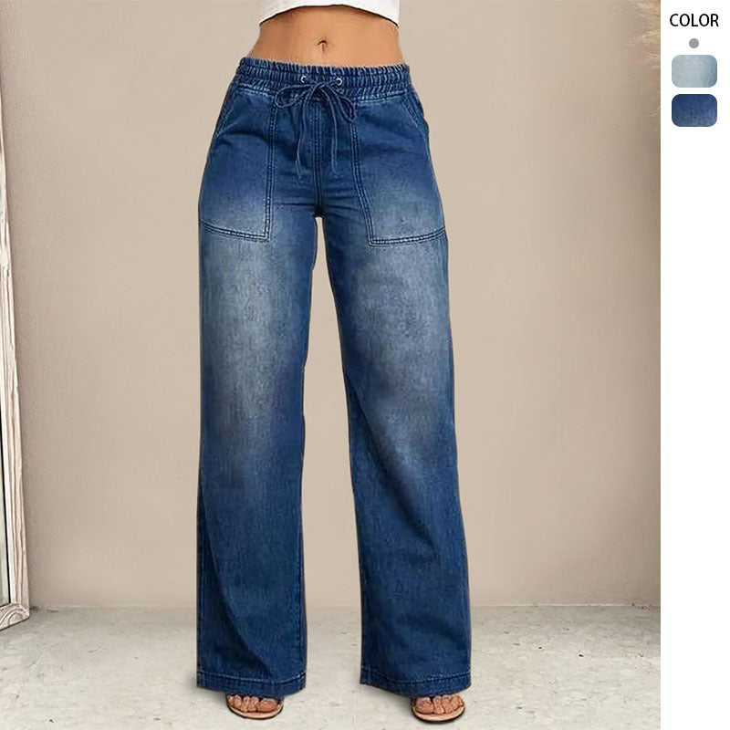 Women's denim pants - cross-border autumn fashion: european & american style, drawstring elastic waist, straight leg, wide leg jeans