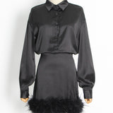 Women Dresses Short Skirt Spring Lapel Feather Long Sleeve Dress (Qymy0409)