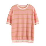 Women Sweater Knitwear Striped Loose Short Sleeve Knitted T-shirt Female Student O-neck Short Top