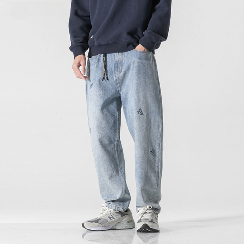 Men Jeans Embroidered Worn Looking Washed-out Jeans