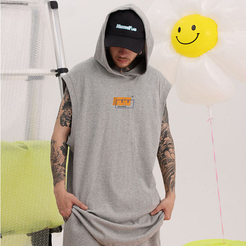Men Vest Hip Hop Sleeveless T-shirt Oversize Sports Hooded Vest