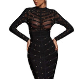 Women Evening Dress Mesh Long Sleeve Dress Bandage One-Piece Dress