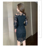 Women Maxi Dress Spring Long Sleeve Cold-Shoulder Mesh Lace Package Hip Skirt