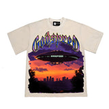 Hip-hop t shirts american high street alien flying saucer printing washed distressed loosecasual short-sleeved t-shirt topstee