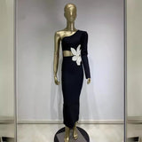 Women Dresses Bandage Dress One-Shoulder Long Sleeve Beaded Flower Long Dress Party Dress Skirt (Ont0408)