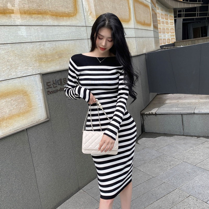 Women Maxi Dress Autumn Striped Long Sleeve Slim Fit Hip Knitwear Dress