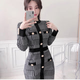 Women Maxi Dress Autumn Winter Retro Houndstooth Long Sleeve Knitted Dress Hip Skirt